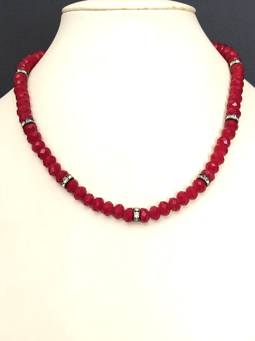 Deep red crystal beaded necklace with cz accent beads